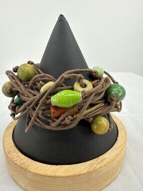 Boho Earthy Green Multi Strand Cord Wrap Bracelet Mixed Wood Paper Bead Vintage